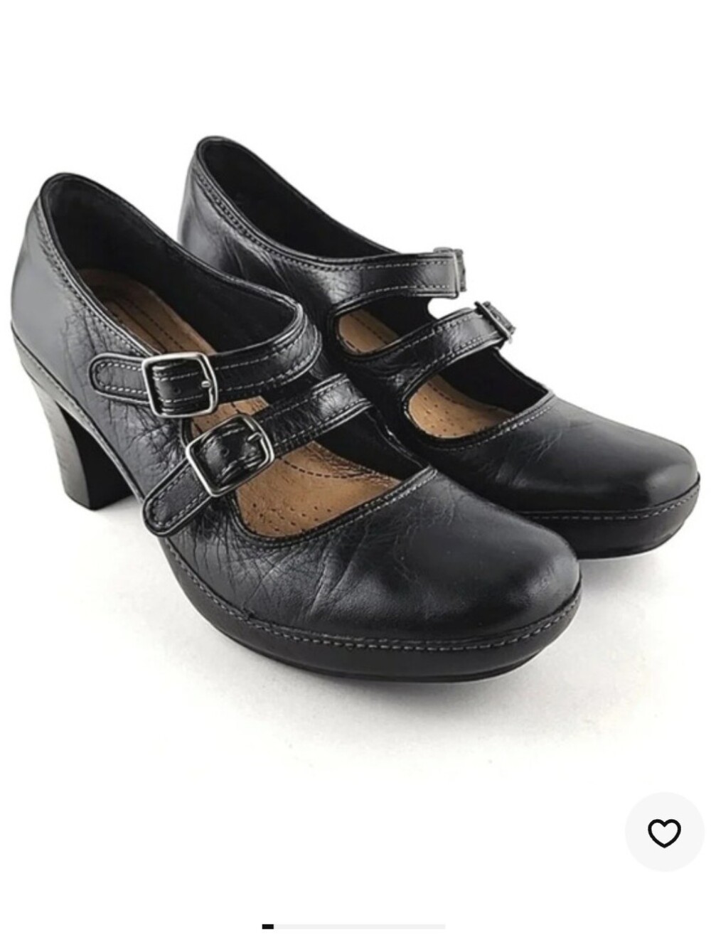 Clarks Artisan Block Heel Retro Black Leather Double Strap Mary Jane Pump Sz 8.5